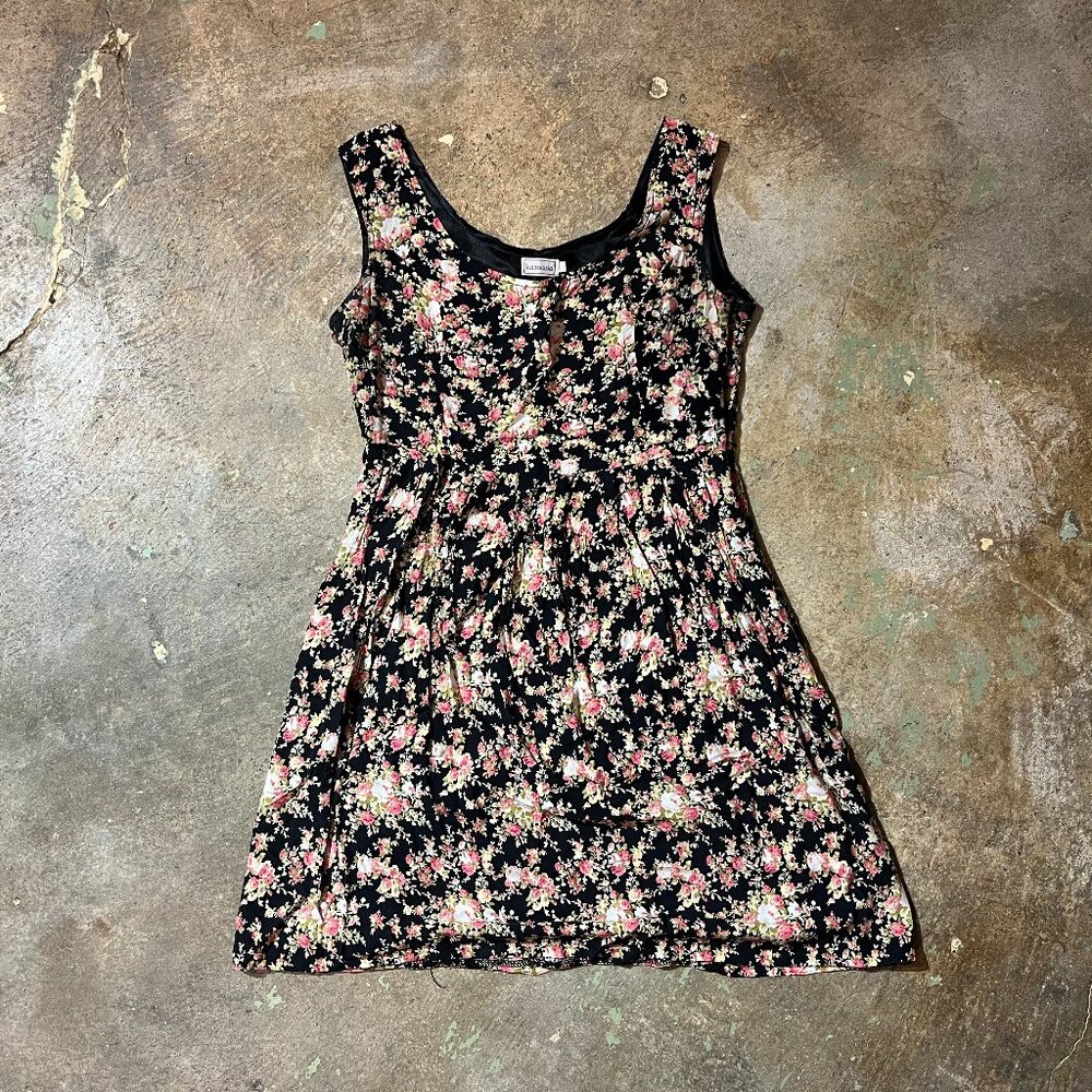 Black Floral Babydoll Dress 90s Scoopneck Sleeveless Size M/L